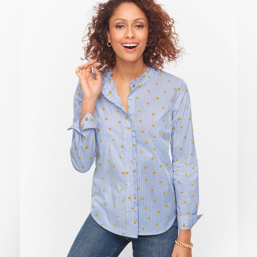 NWT Talbots Ruffle Band Collar Cotton Poplin Top in Heart Stripe size 1X